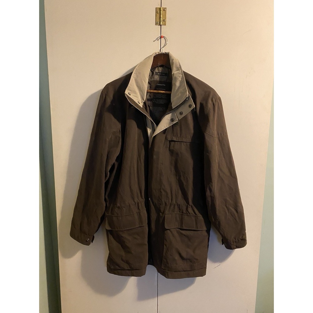 Claiborne Men M Brown Microfiber Utility Jacket Coat Contrast Tan Collar Vintage